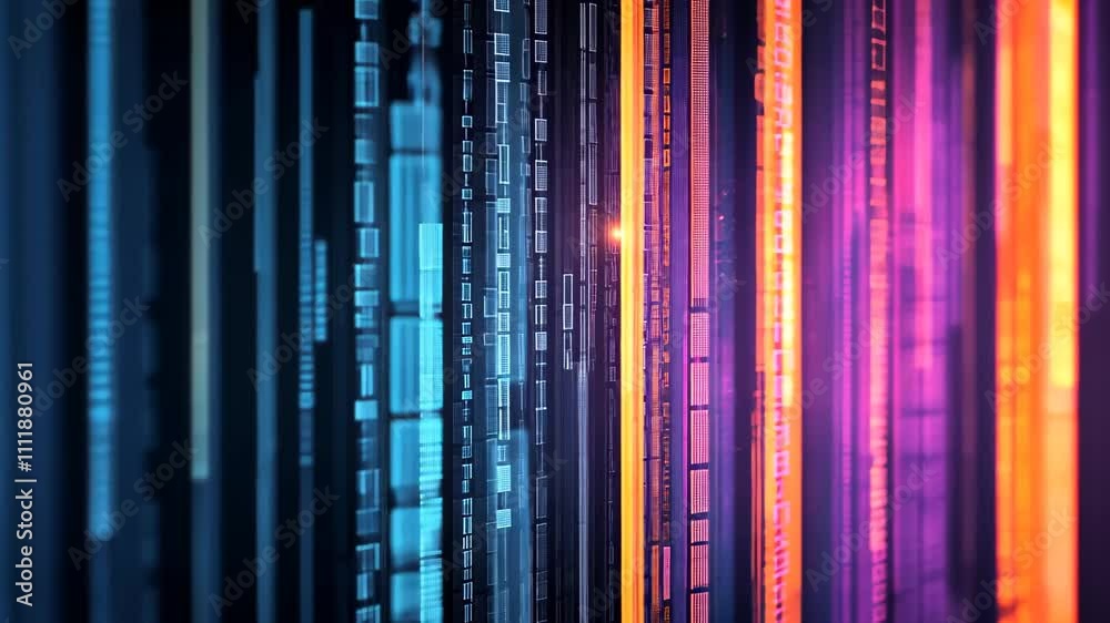 Dynamic colorful data streams with vertical technological patterns, Abstract digital transformation visualization with vibrant matrix lines