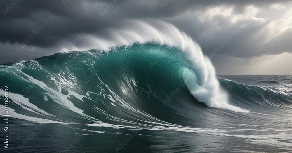A powerful wave rises high above the surface of the ocean during a storm, surf, big wave A powerful wave rises high above the surface of the ocean during a storm, surf, big wave