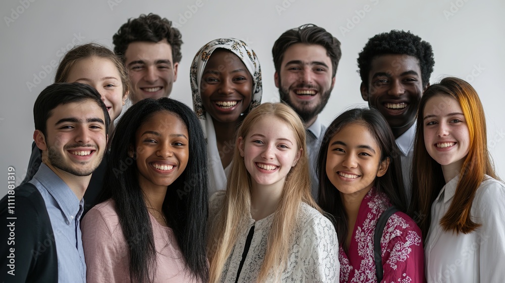 Diverse new students. A group of friendly and happy multiethnic high school students smiling looking at the camera on a white background. Diverse new students. A group of friendly and happy multiethnic high school students smiling looking at the camera on a white background.