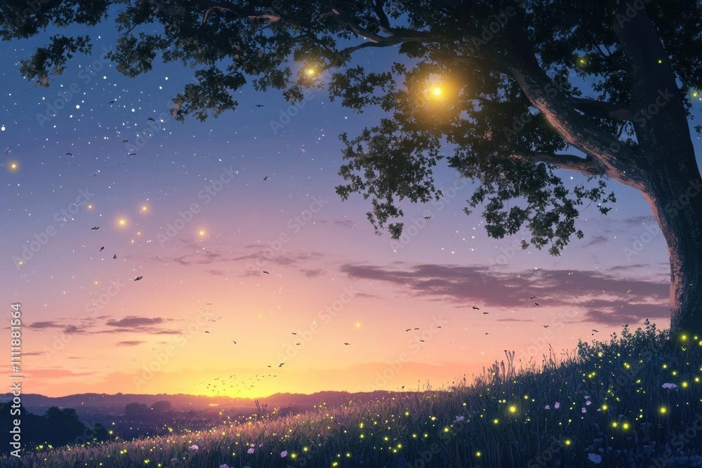 Fototapeta premium A serene landscape at sunset, filled with fireflies and gentle light.