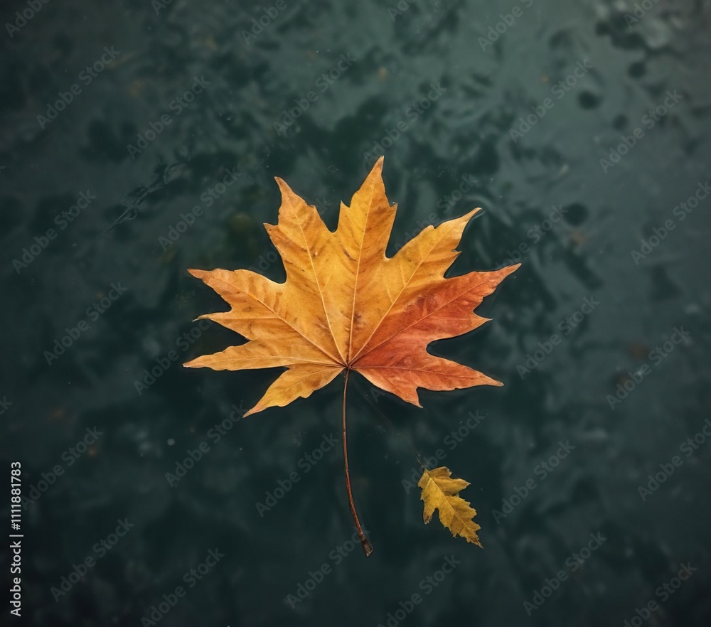 An isolated autumn leaf floating on a bed of freshwater plankton , natural, aquatic life, green An isolated autumn leaf floating on a bed of freshwater plankton , natural, aquatic life, green