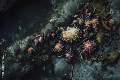 Submerged rocks, diverse marine life, dark water.