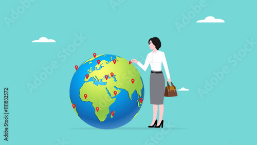 Businesswoman put new branch pin on world map across globe. Global business expansion, open company branches, franchise in new location to cover all continent. growing business worldwide concept