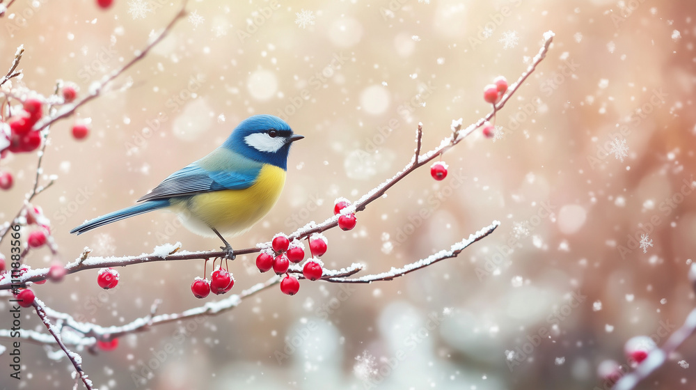 Colorful bird perched on a frosty branch with red berries in a snowy winter scene with copy space Colorful bird perched on a frosty branch with red berries in a snowy winter scene with copy space