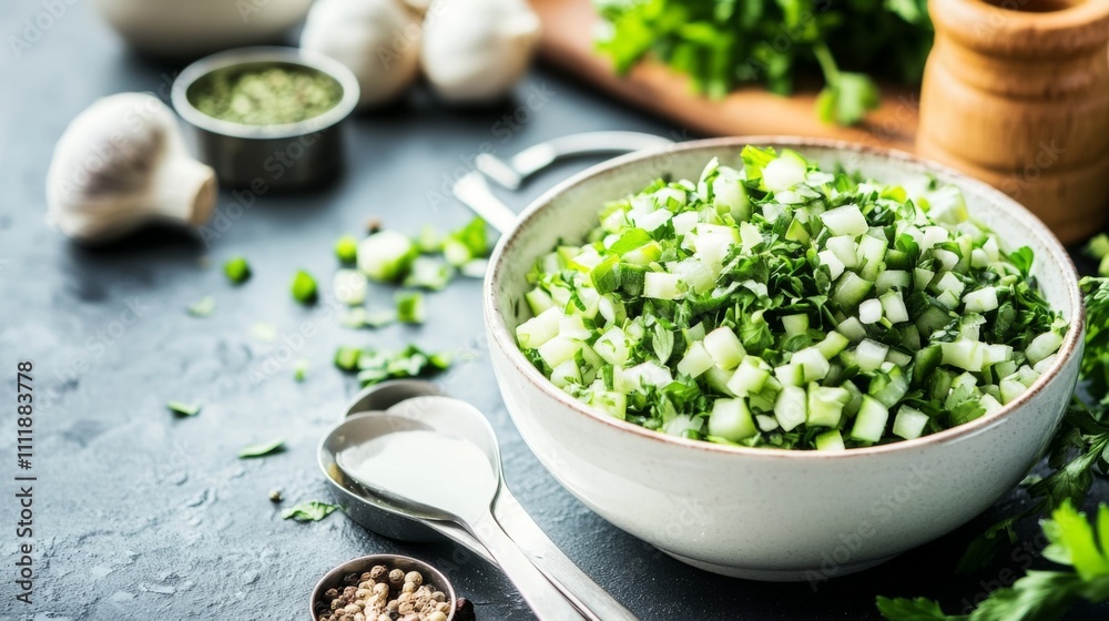 Freshly Chopped Green Herbs and Vegetables in Modern Kitchen Setting Freshly Chopped Green Herbs and Vegetables in Modern Kitchen Setting