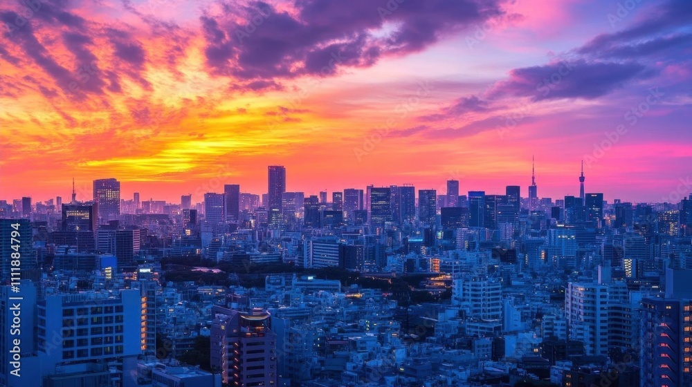 A vibrant sunset over a city skyline, showcasing urban beauty.