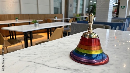 Colorful metal bell on a white marble or stone table top, creating a visually appealing contrast, marble, metal, decorative element, elegant arrangement photo