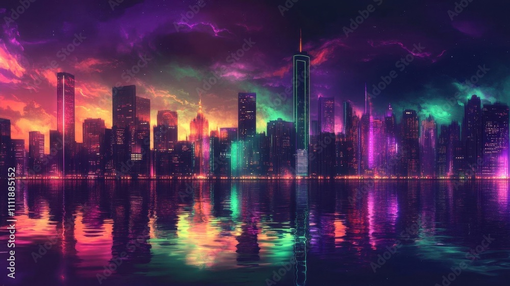 A vibrant city skyline at dusk, illuminated with neon colors. A vibrant city skyline at dusk, illuminated with neon colors.