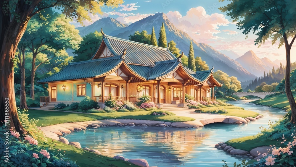 Obraz premium Tranquility by the River: A picturesque Asian-style house nestled in a tranquil valley, with a gentle river winding through the lush greenery.