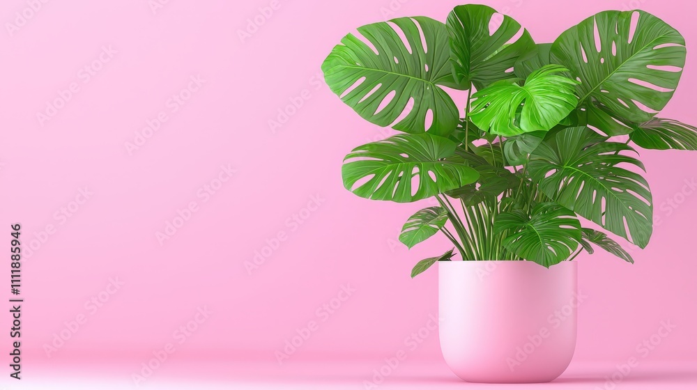 Pink Background with Monstera Plant in Pot Home Decor Minimalist Style Pink Background with Monstera Plant in Pot Home Decor Minimalist Style