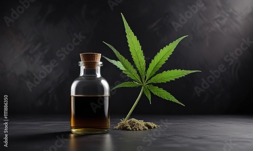 Dark background with a single cannabis leaf at the center and a glass bottle of herbal oil on one side , Glass Bottle, Dark Background, Nature photo