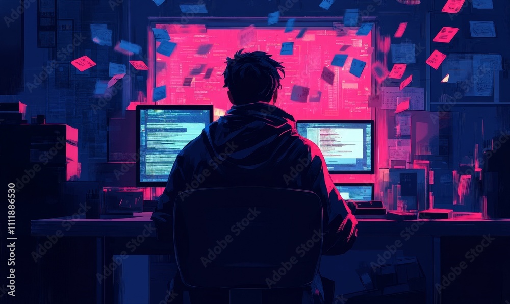 Person codes, pink glow, cluttered workspace. Person codes, pink glow, cluttered workspace.