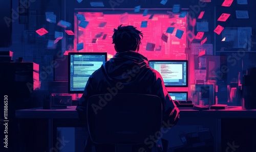 Person codes, pink glow, cluttered workspace.