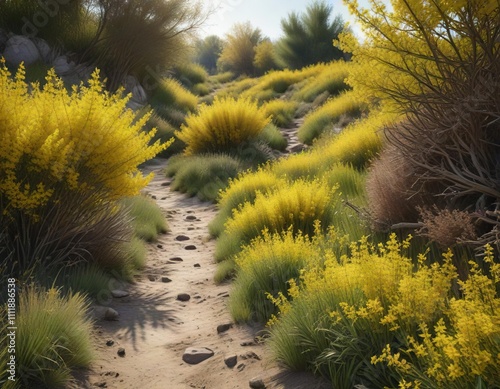 Narrow dirt path winding through dense clump of yellow forsythia shrubs and unruly weeds, garden path, shrubs, weeds photo