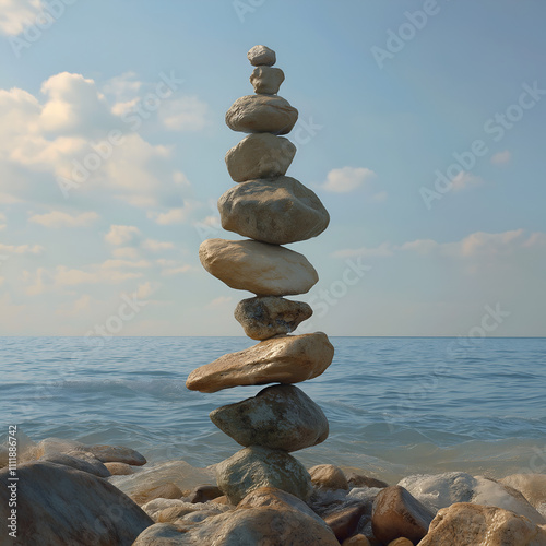 Zen stone tower on the beach and cliff. photo