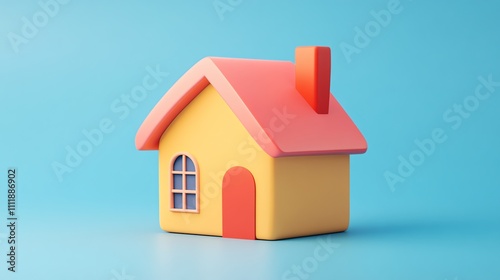 A simple cartoon house with a red roof, yellow walls, and blue windows, is isolated on a light blue background.