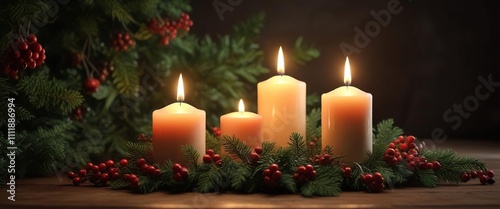 Flickering candles amidst evergreen branches and red berries, , nature scenery