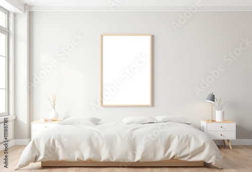 Nordic Bedroom Decor with Mockup Poster Frame - 3D Render