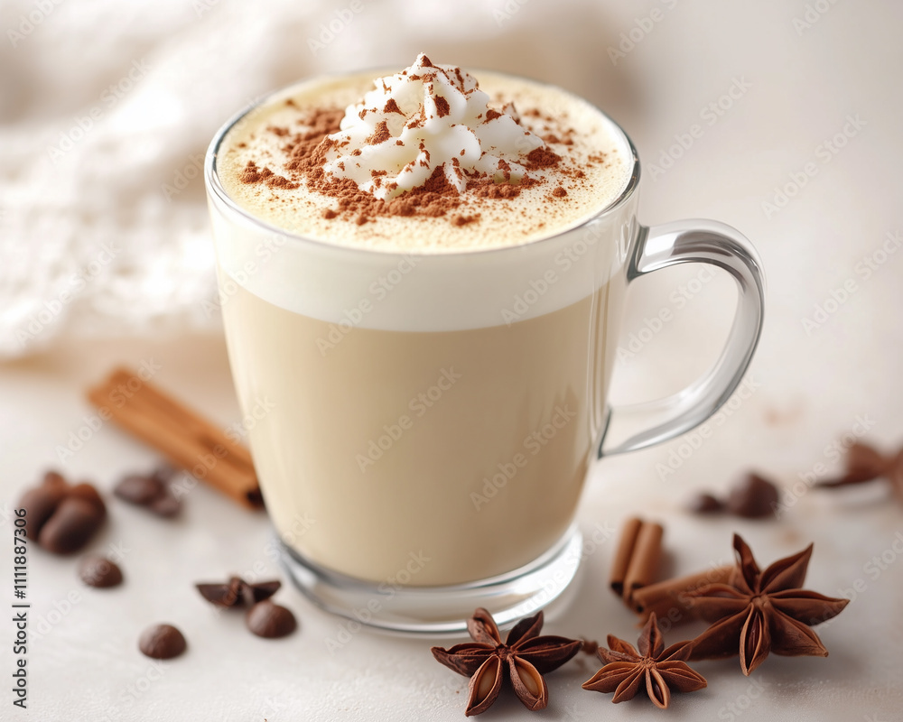 holiday drink, a latte topped with whipped cream and cocoa powder, served in a clear glass mug. holiday drink, a latte topped with whipped cream and cocoa powder, served in a clear glass mug.