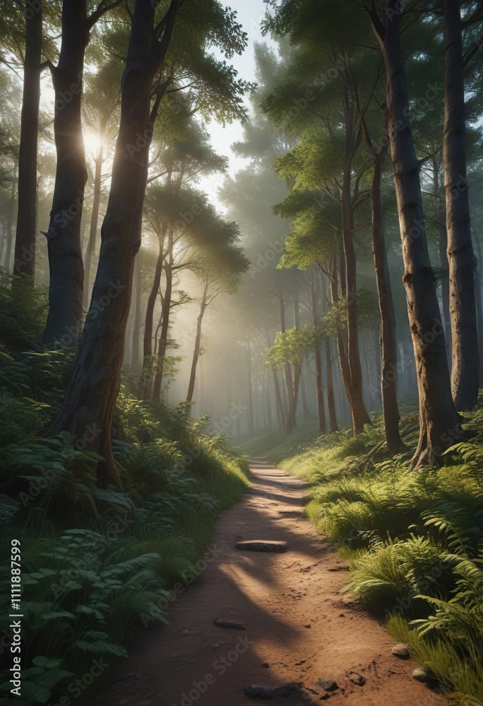 Fototapeta premium Evening forest scene with a winding path and towering trees, forest, foliage,