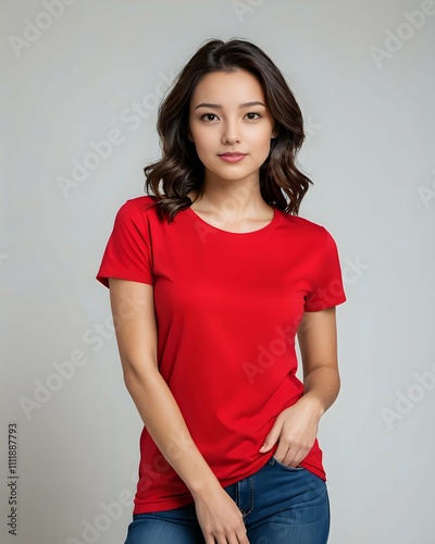 portrait of a beautiful female model wearing a red t-shirt with a white background