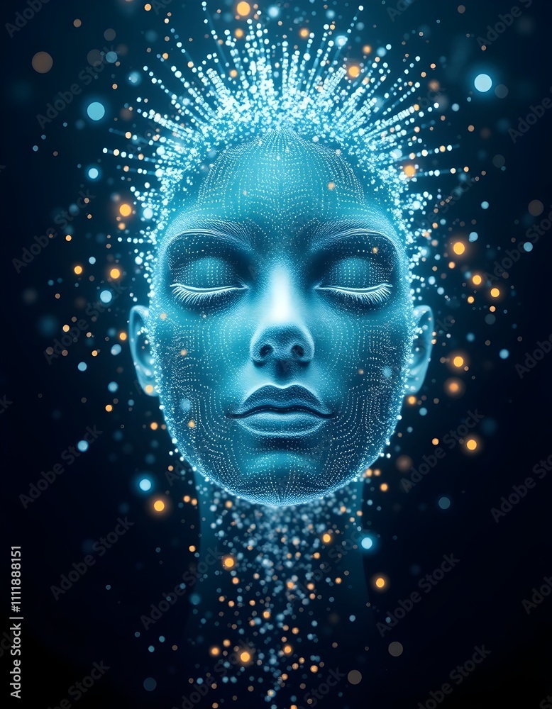 A serene digital human face dissolving into shimmering particles, symbolizing the fusion of humanity with technology, transformation, and the future of artificial intelligence A serene digital human face dissolving into shimmering particles, symbolizing the fusion of humanity with technology, transformation, and the future of artificial intelligence