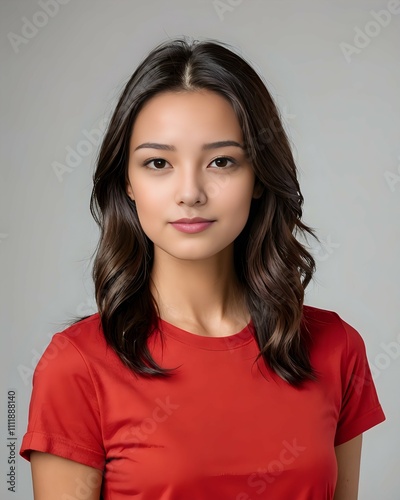 portrait of a beautiful female model wearing a red t-shirt with a white background