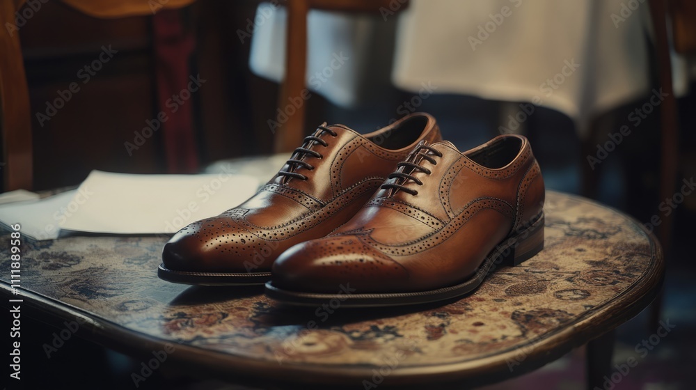 Brown leather shoes with intricate detailing rest on a vintage table in a warm, intimate dining space. Soft lighting creates a welcoming atmosphere, perfect for a night out Brown leather shoes with intricate detailing rest on a vintage table in a warm, intimate dining space. Soft lighting creates a welcoming atmosphere, perfect for a night out