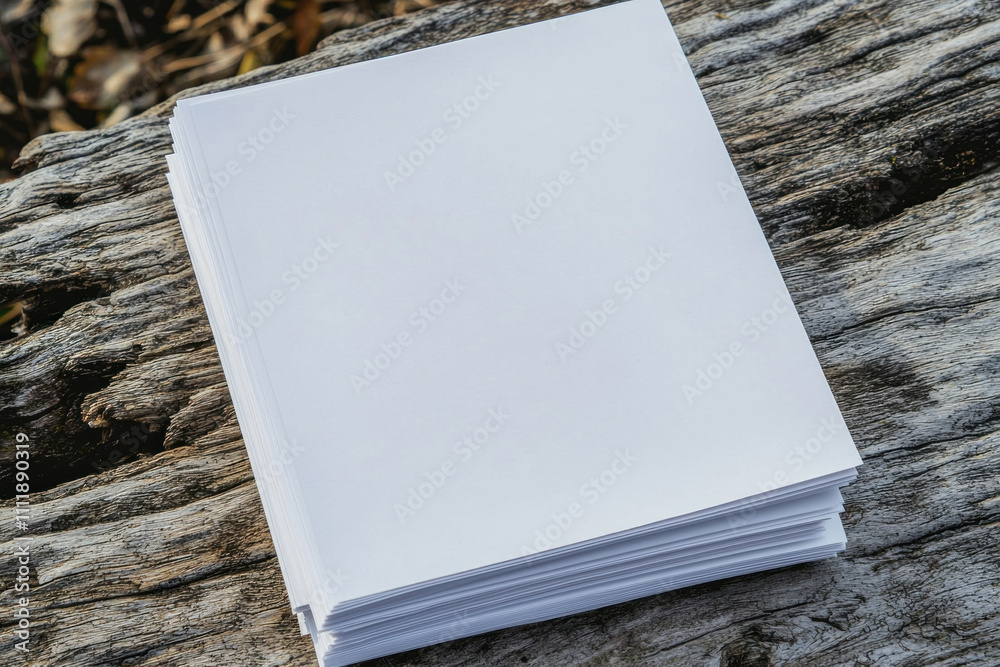 Fototapeta premium Blank white paper stack on weathered wood.