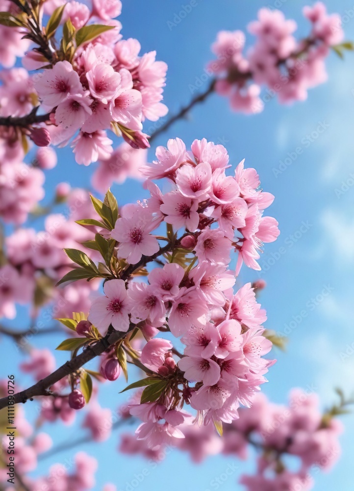 Pink blossoms against a bright blue sky with soft focus effect, spring, flower, greenery Pink blossoms against a bright blue sky with soft focus effect, spring, flower, greenery