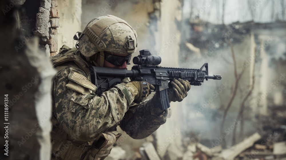 A soldier wearing tactical gear takes aim with a rifle in a devastated urban landscape. Debris surrounds the area while smoke rises, indicating ongoing conflict A soldier wearing tactical gear takes aim with a rifle in a devastated urban landscape. Debris surrounds the area while smoke rises, indicating ongoing conflict