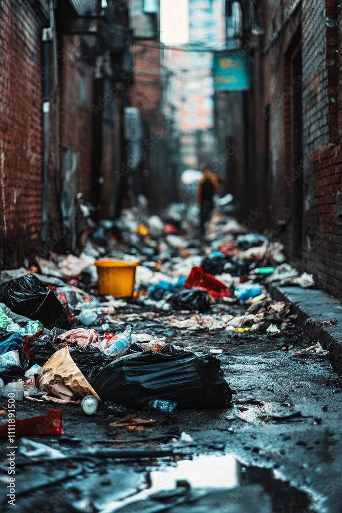 Trash litters a narrow, brick alleyway. Trash litters a narrow, brick alleyway.