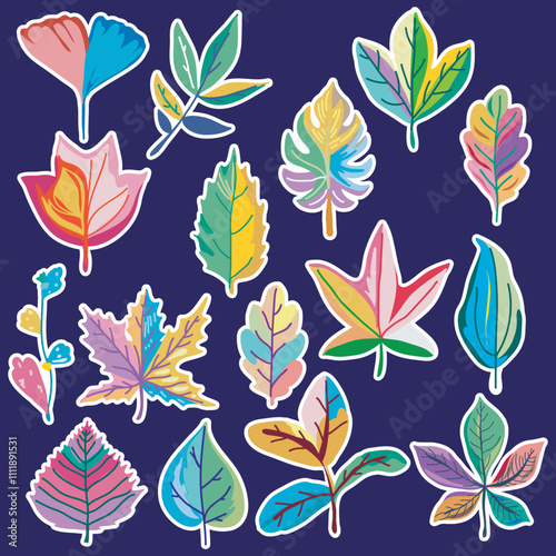 A collection of colorful, artistic leaves with various shapes and vibrant patterns on a deep navy-blue background.