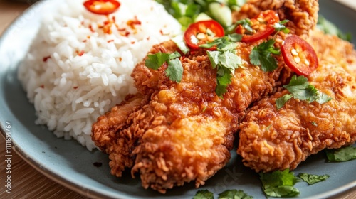 Crispy Fried Chicken with Rice and Chili Garnish on a Plate