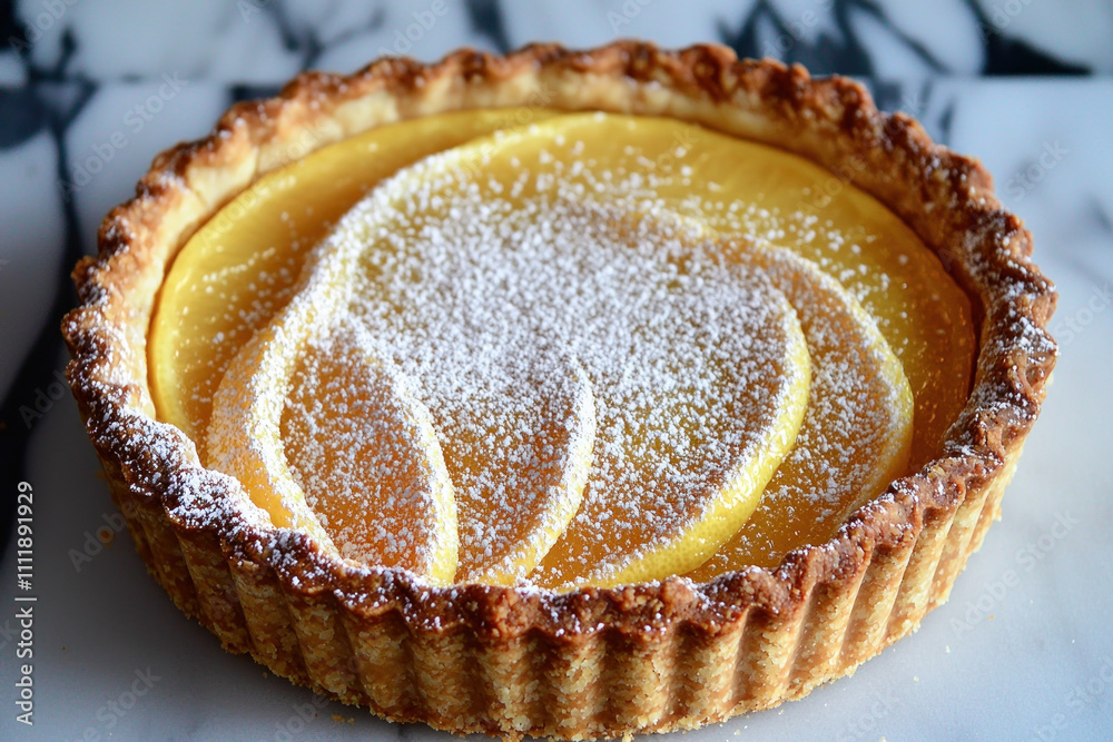 Lemon tart with powdered sugar on marble. Lemon tart with powdered sugar on marble.