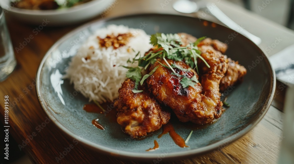 Succulent Fried Chicken with Rice and Fresh Herbs on Plate Succulent Fried Chicken with Rice and Fresh Herbs on Plate