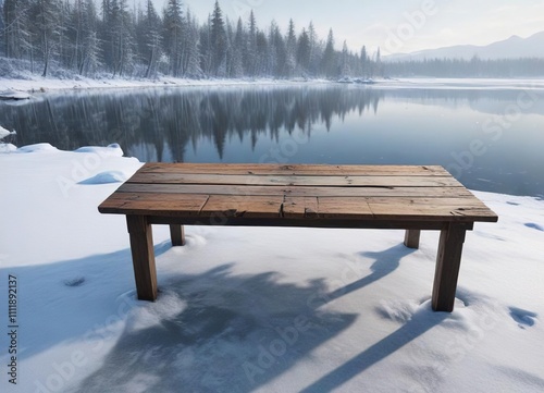 A weathered wooden table sits at the edge of a frozen lake in a beautiful wintry scene, serene scenery, natural beauty