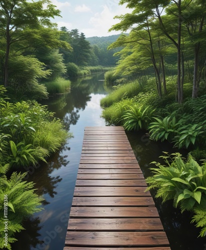 Lush greenery surrounds the wooden walkway over Kaminokoike Pond in Hokkaido , foliage, serene, wooden bridge photo