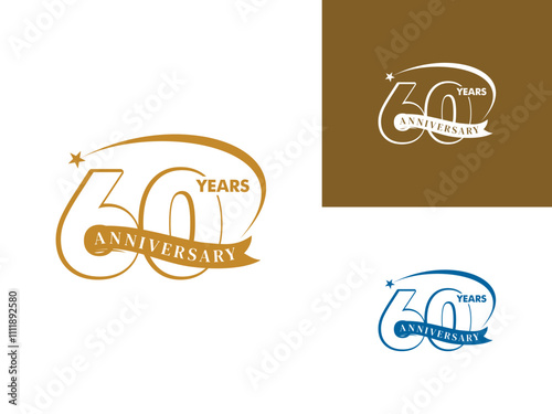Premium anniversary 60 years celebration emblem logo design vector, Anniversary celebration logo on gold, blue, and white color with stars