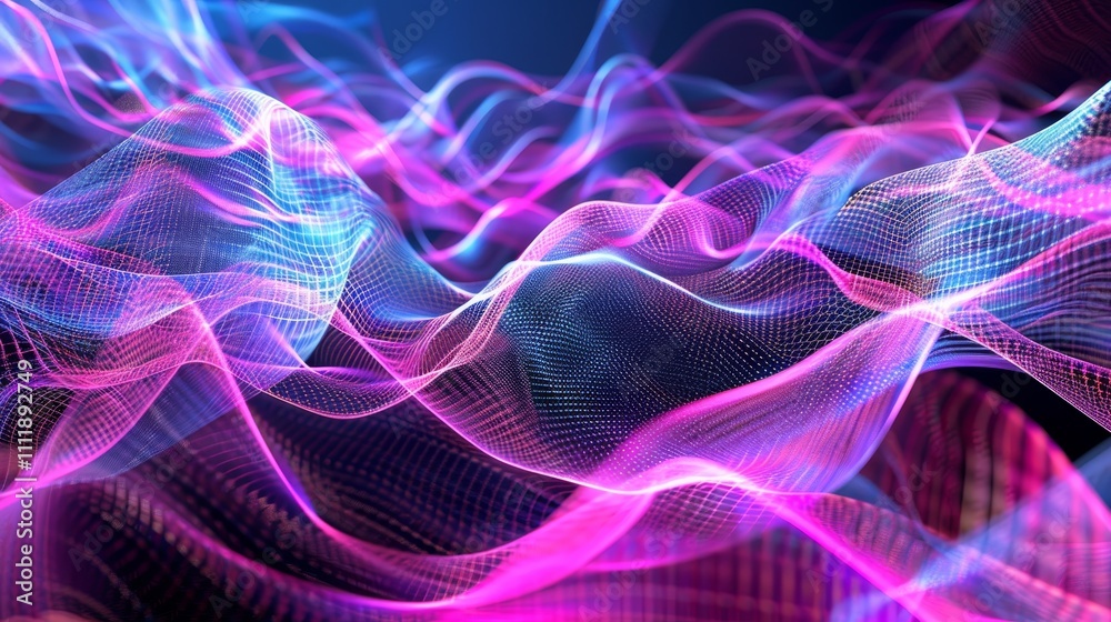 Pink and blue particles flowing and waving on a dark background, creating an abstract and futuristic digital art concept Pink and blue particles flowing and waving on a dark background, creating an abstract and futuristic digital art concept