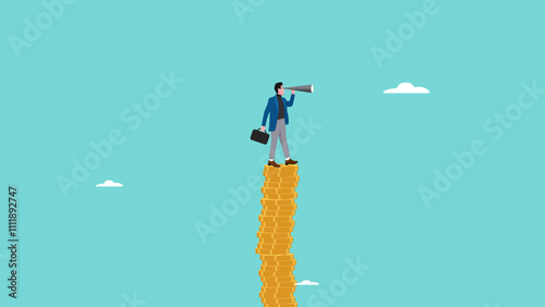 opportunity cost, potential forgone profit from a missed opportunity, the best alternative in determining business decisions, businessman climbing a pile of coins to see business opportunities