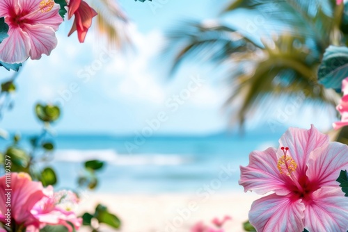 Wallpaper Mural blurred tropical beach background, hibiscus border, copy space in center.  Torontodigital.ca