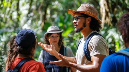 Eco-tourism guide explaining low-impact travel to small group in park
