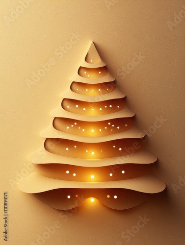 A decorative layered paper Christmas tree features soft lighting, providing a perfect blank canvas for adding personal messages. Generative AI