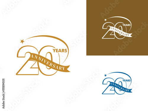 Premium anniversary 20 years celebration emblem logo design vector, Anniversary celebration logo on gold, blue, and white color with stars