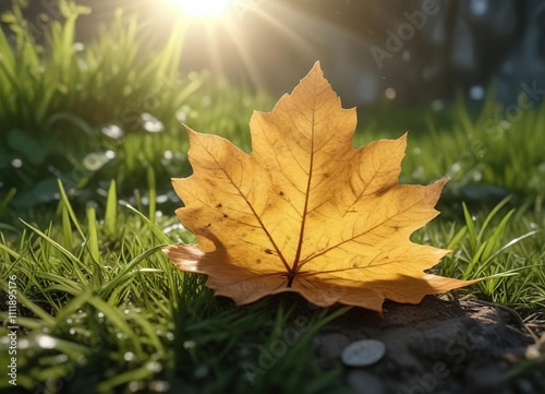 Leaf isolated on short grass with sunlight filtering through, dappled shade, earthy tones