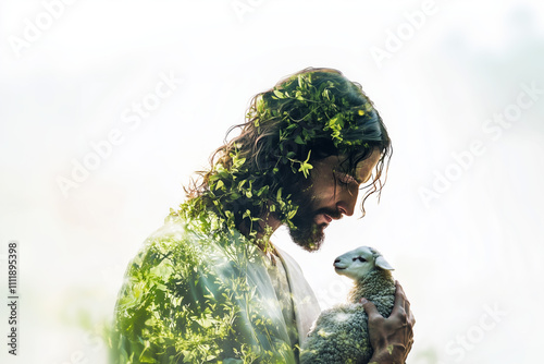 Jesus Holding a Lamb, Surrounded by Glowing Abstract Greenery in Double Exposure, White Background photo