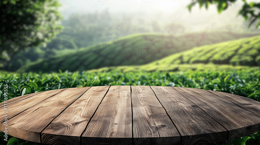 Fototapeta premium Empty round wooden table on transparent background of green leaves and tea plantation.