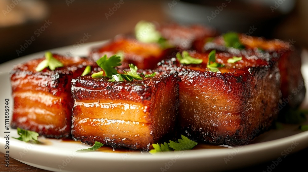 Crispy Glazed Pork Belly Cubes Garnished with Fresh Herbs and Sauce Crispy Glazed Pork Belly Cubes Garnished with Fresh Herbs and Sauce
