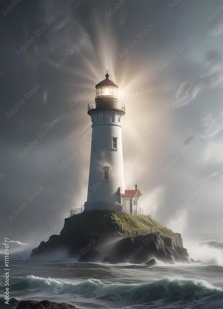 Dense fog swirls around the base of a solitary lighthouse, as it emits a bright, shining light into the atmosphere, lighthouse, fog Dense fog swirls around the base of a solitary lighthouse, as it emits a bright, shining light into the atmosphere, lighthouse, fog